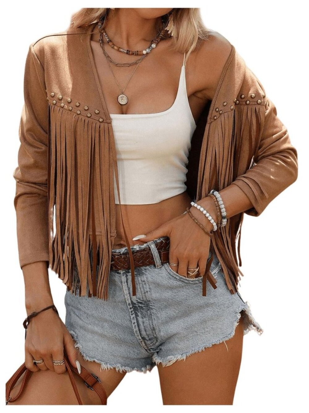 Women's Western Long Sleeve Tassel Trim Cardigan Open Front Concert Jacket Coat
